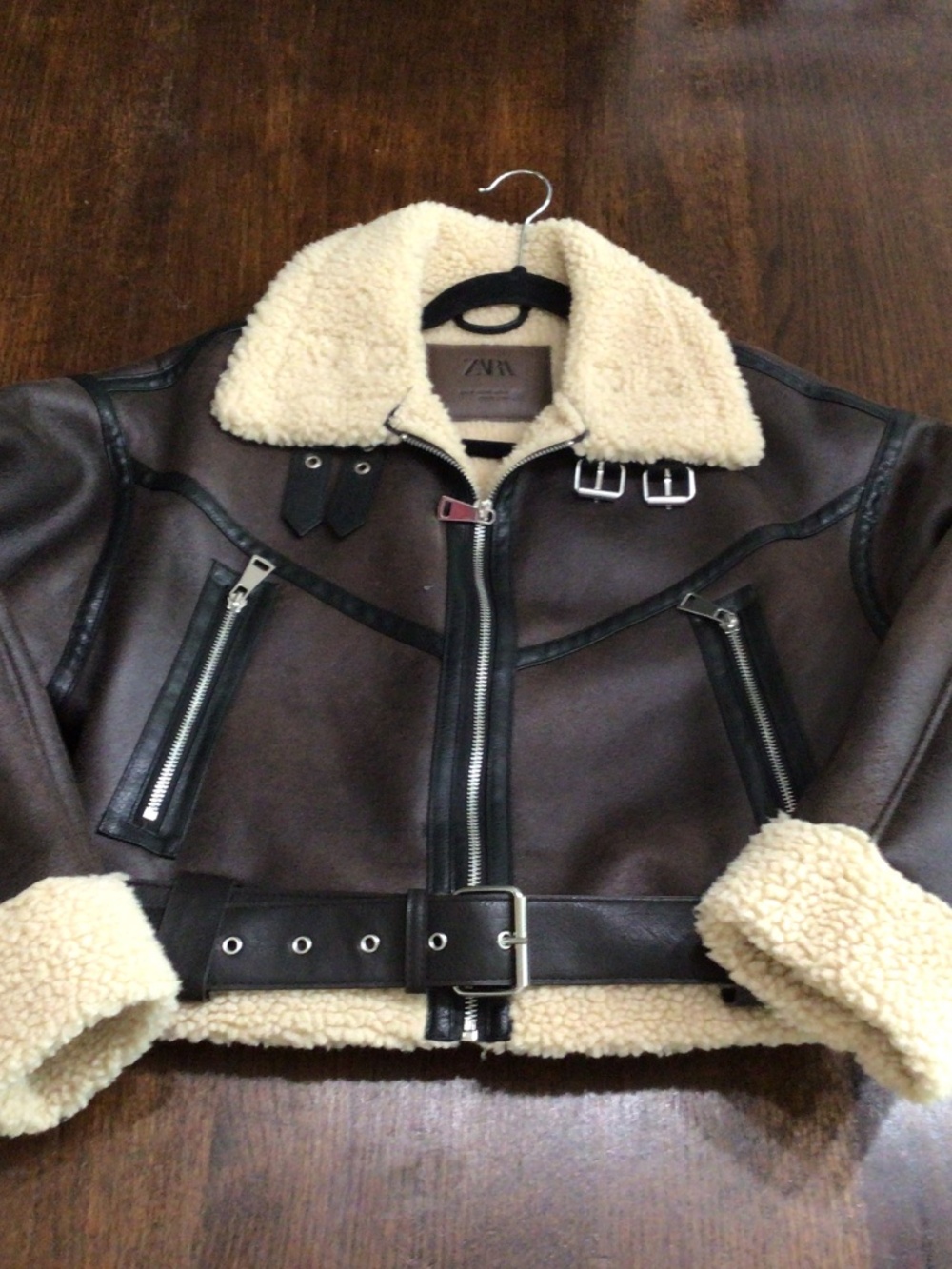 Zara shearling aviator bomber faux suede leather moto jacket with sherpa trim Xs
